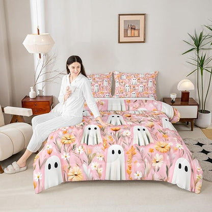 Erosebridal Girls Halloween Ghost Queen Comforter Set, Bohemian Halloween Decor Bedding Set for Kids Teens Women Bedroom Decor, Boho Floral Comforter, Blossom Flowers Quilt 3 Piece
