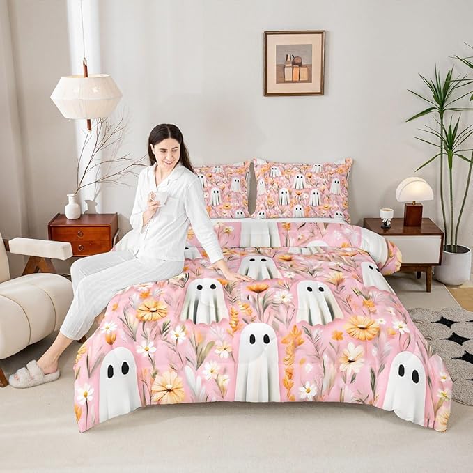 Erosebridal Girls Halloween Ghost Twin Comforter Set, Bohemian Halloween Decor Bedding Set for Kids Teens Women Bedroom Decor, Boho Floral Comforter, Blossom Flowers Quilt 2 Piece