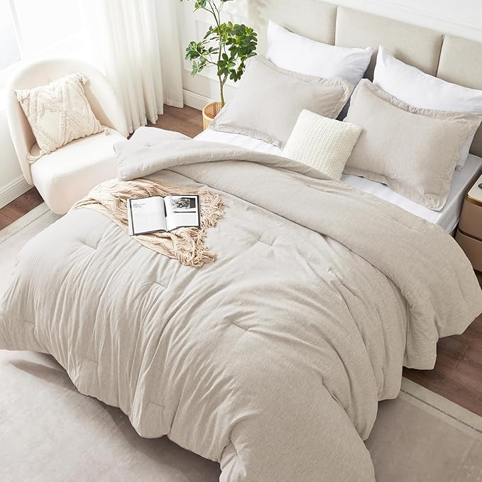 CozyLux Oversized King Comforter Set, 3 Pieces 120x98 Beige Soft Luxury Cationic Dyeing Bedding All Season, Lightweight Breathable Fluffy Bed Sets with 1 Alternative Comforter and 2 Pillow Shams