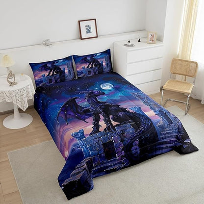 Feelyou Dragon Comforter Set Full Size Moon Light Dragon Comforter for Boys Girls Teens Gothic Bedding Set Wildlife Duvet Set Room Decor Acid Blue Quilt Set