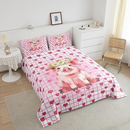 Cute Pig Bedding Set Queen, Cherry Blossoms Comforter Set For Girls Kids, Cartoon Pet Animal Duvet Set, Pink Grid Heart Pattern Lattice Quilted Duvet, Farmhouse Bedding Comforters, All Season