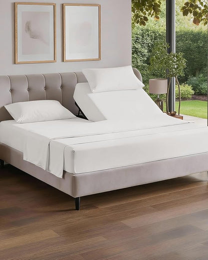 Split Head King Sheet Set – 4 Piece Flex Split Top King Sheets for Adjustable Beds - Fits 14” to 16" Mattress w/ Deep Pockets - Breathable & Cooling - Luxury Bedding and Wrinkle Free - Antique White