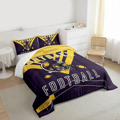Feelyou Football Bedding Set Boys Girls King Size Women Men Rugby Sports Comforter Football City Duvet Quilt Purple Yellow Room Decor