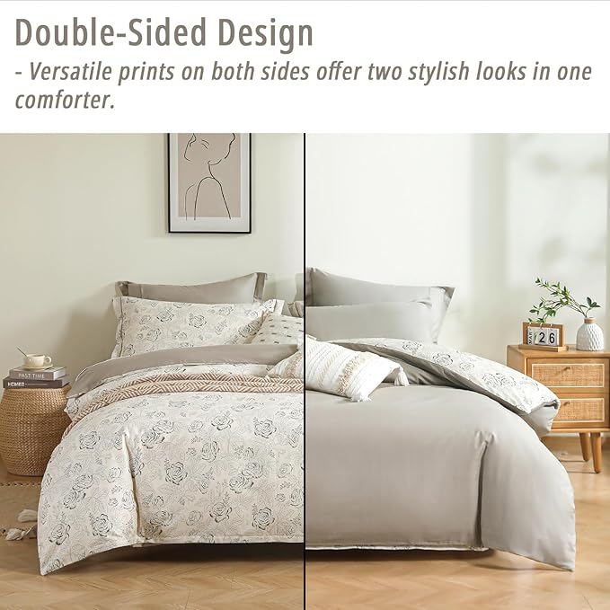 Vintage Botanical Cotton Comforter King Size 3PC - Elegant Floral Sketch on Ivory White with Tan Herringbone Reverse – Reversible Lightweight Comforter Set with Soft Fill(104"×90")
