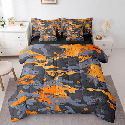 Erosebridal Camo King Comforter Set Graffiti 7-Piece Bed in A Bag Watercolor Grunge Ink Splash Ombre Sheets and Pillowcases Grey Orange Bed Sets