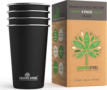 Stainless Steel Cups - 16 oz Pint Tumbler (4 Pack) - Premium Metal Drinking Glasses | Stackable Durable Cup (16 oz Black)