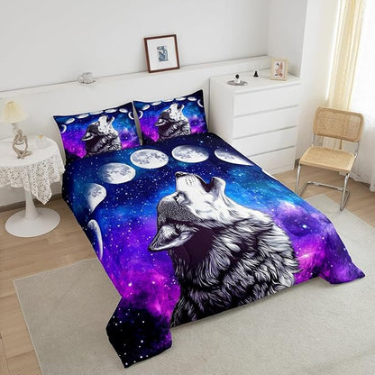 Erosebridal Howling Wolf Down Comforter Blue Purple Starry Sky Bedding Set Twin Size,Galaxy Series Comforter Set for Child Teens Youth Man,Stars Moon Bed Quilt Wild Animal Themed Room Decor