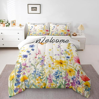Erosebridal Wildflower Bedding Set King Watercolor Boho Floral Comforter Set Cute Botanical Plant Bedding Comforter Sets for Kids Adults Nature Flowers Butterfly Bed Set Aesthetics Home Decor