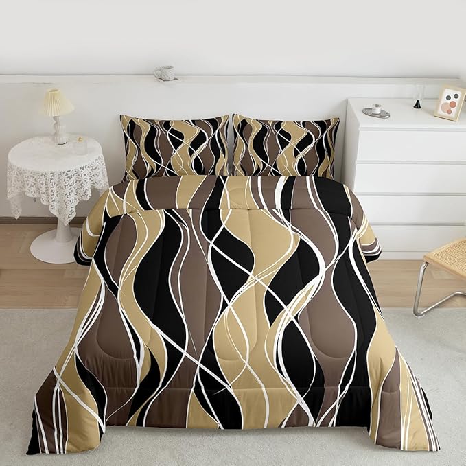 Erosebridal Geometric Bedding Twin Black Brown Stripe Comforter Set, Modern Abstract Bedding Comforter Sets Duvet Set, Ultra Soft Breathable Lightweight Quilted Comforter 2-Piece Yellow White