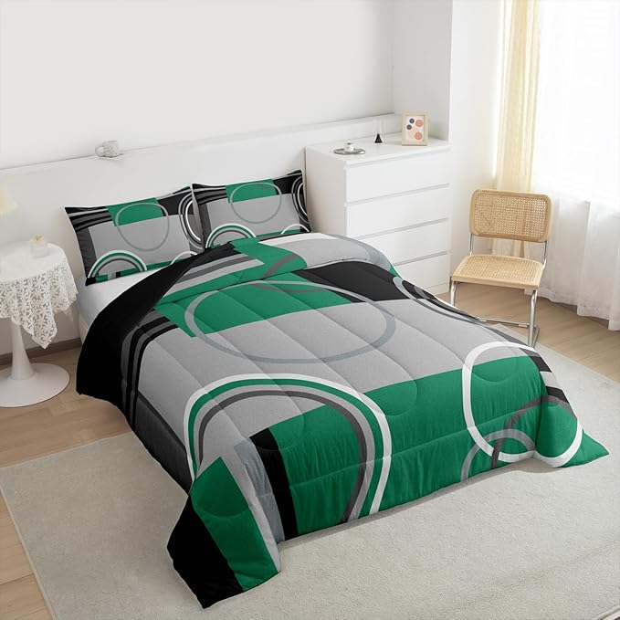 Erosebridal Geometric Swirls Bedding Set Full Olive Green Black Gray Square Comforter Abstract Circles Gromment Duvet Insert Stripes Lines Quilt Modern Graphic Down Comforter with 2 Pillow Covers
