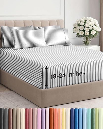 Extra Deep King Sheet Set - 6 Piece Breathable and Cooling Sheets - Hotel Luxury Bedding for Women, Men, Kids & Teens - Easy & Secure Fit - Soft and Wrinkle Free - Extra Deep Pockets - Grey Stripes