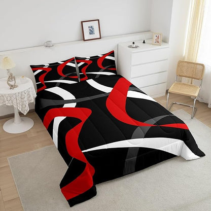 Erosebridal Grey Red Black Bedding Comforter Sets Dark Gray White Striped Abstract Bedding Set Queen for Boys Teen Men Geometric Stripes Down Comforter Modern Fashion Quilt Duvet