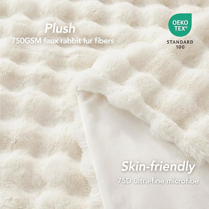 L'AGRATY Faux Fur Throw Blanket: 50" x 60" Luxury Soft Fluffy Thick Rabbit Fur Blankets for Couch Bed Sofa - Cozy Plush Bubble Blankets for Winter: Warm Flannel Fleece Decorative Blanket(Cream White)