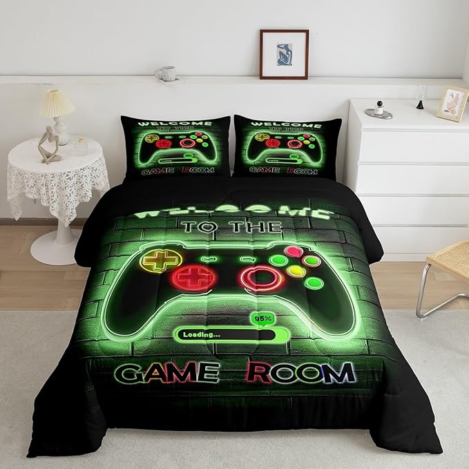 jejeloiu Green Gamer Gaming Bedding Set Toddle Size for Boys Game Console Comforter Set Kids Teens Neon Light Duvet Set Cool Game Room Decor Quilt Set 2Pcs