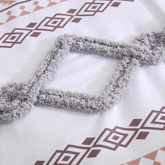 MOVE OVER Beige and Gray Tufted Comforter Set Queen Size 5 Pieces Bohemian Style Geometric Tufted Bedding Set Farmhouse Boho Aztec Comforter Set with 2 Decor Pillow Covers for Room Decor