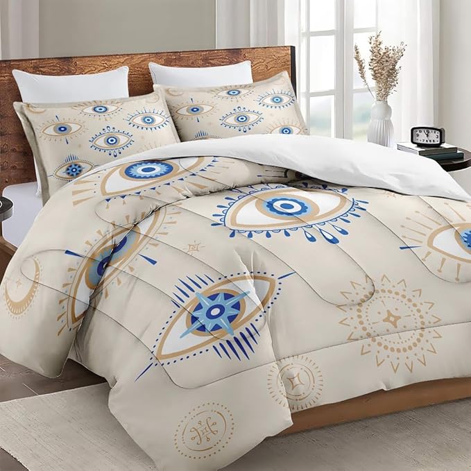 Twin Size Comforter Set with Pillowcase, Bohemian Eye 2 Pcs Bedding for Kids and Adults, Blue Boho Soft Comforter Set for Bedroom Bed Decor