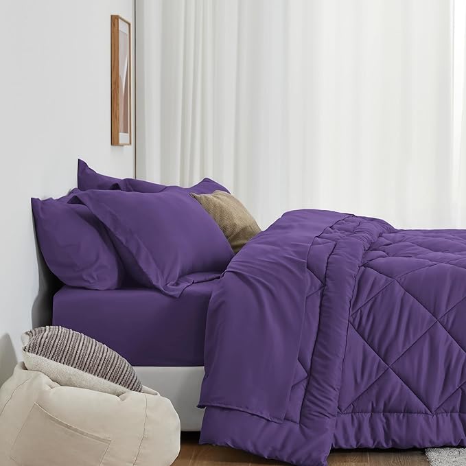 Love's cabin Twin Comforter Set Purple, 5 Pieces Twin Bed in a Bag, All Season Bedding Sets with 1 Comforter, 1 Flat Sheet, 1 Fitted Sheet, 1 Pillowcase and 1 Pillow Sham