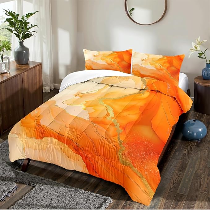 Orange Marble Comforter Set King Size Gold Glitter Marbling Bedding Set Watercolor Abstract Art Down Comforter Burnt Orange Marble Print Bed Set for Kids Teens Adult Bedroom Decor 3Pcs