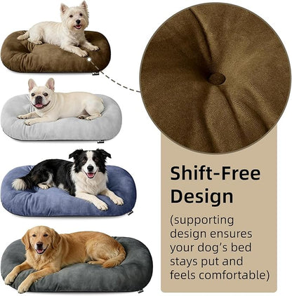 Washable Large Dog Bed 35x22 Inch - Silver Fox Faux Fur Supportive Pad, Non-Slip Bottom Durable Oval Pet Bed Indoor Outdoor for Medium Dogs Cats(Brown)