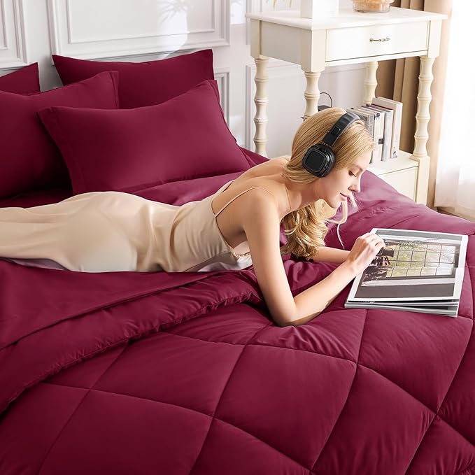 CozyLux King Size Comforter Set Burgundy - 7 Pieces Bed in a Bag King, Luxury Soft Bed Set for All Seasons, Bedding Set with Down Alternative Comforter, Sheets, Pillowcases & Shams