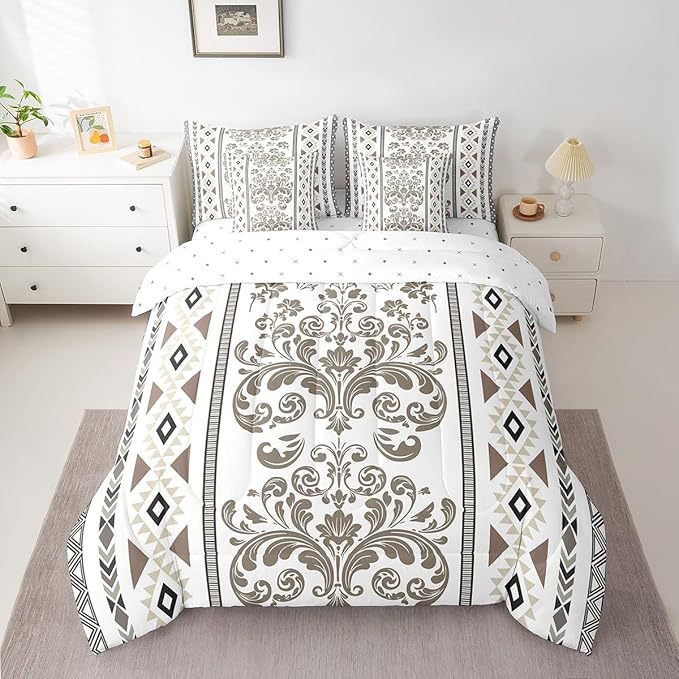 Comforter Set Twin Size, Olive Brown Damask Aztec 7 Pcs Bedding for Kids and Adults, Antique Decor Western Baroque Gothic Bed Sheet Sets with Fitted Sheet 2 Pillowcases & 2 Shams for Bedroom Bed Decor