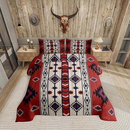Erosebridal Western Boho Bedding Sets Queen Vintage Red Brown Aztec Quilt Set American Native Southwestern Comforter Set for Boys Adults Men,Southwest Ethnic Tribal Geometric Diamond Bed Duvet Set