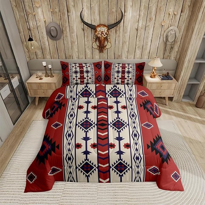 Erosebridal Western Boho Bedding Sets Toddler Vintage Red Brown Aztec Quilt Set American Native Southwestern Comforter Set for Boys Adults Men,Southwest Ethnic Tribal Geometric Diamond Bed Duvet Set