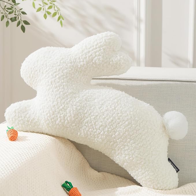 Phantoscope Happy Easter Bunny Shaped Throw Pillow, Plush Boucle Jumping Rabbit Cushion Sherpa Easter Decorative Pillow for Couch Living Room Bed, Off White, 14.5 x 21.5 inches