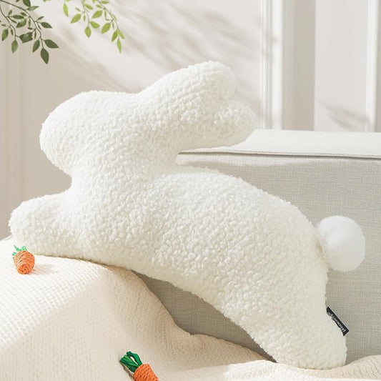 Phantoscope Happy Easter Bunny Shaped Throw Pillow, Plush Boucle Jumping Rabbit Cushion Sherpa Easter Decorative Pillow for Couch Living Room Bed, Off White, 14.5 x 21.5 inches