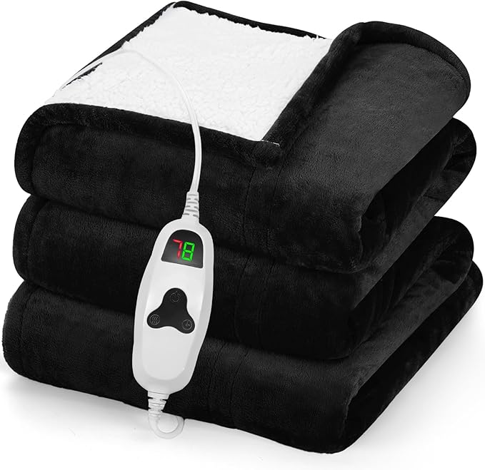 greenoak Heated Blanket Electric Twin 62"X84", Heating Blanket with 10 Heat Levels 1/2/4/6/8 Hours Auto-Off, Soft Flannel Sherpa Warm Heater Christmas Blanket, Lacquered Black