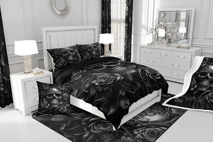 Erosebridal Gothic Bedding Set for Adluts Kids Teens Goth Skull Comforter Full Size Vintage Victorian Romantic Gray Rose Floral Quilt Spooky Grunge Skeleton Boho Horror Bedding,Gothic Decor