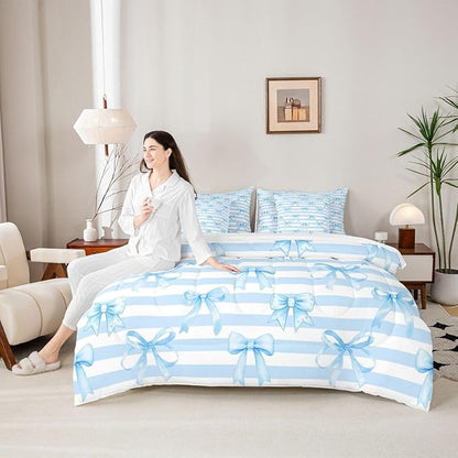 Erosebridal Bowknot Girls White Blue Kawaii Full Comforter Set 7 Pieces | Cute Bow Bed in A Bag for Bedroom Geometric Bedding Set with Comforters Stripe Room Decor