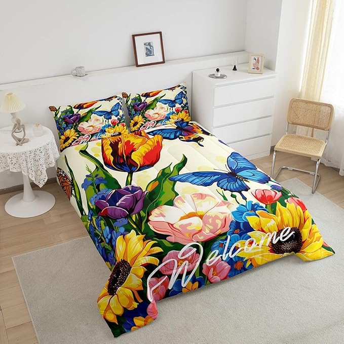 Erosebridal Watercolor Flowers Down Comforter King Sunflower Butterfly Comforter Set Retro Rustic Garden Style Floral Bedding Set for Teen Girls Women Boho Exotic Blossom Quilt Duvet 3 Pcs