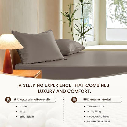 THXSILK Luxury Mulberry Silk Fitted Sheet Set 3 Pcs, King Silk Bed Sheet Set with 16" Deep Pockets, Soft & Cooling Sheets, 1 Fitted Sheet, 2 Pillowcases with Zipper Closure - Charcoal