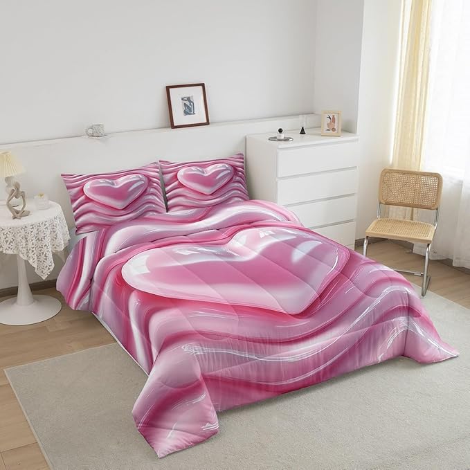 Erosebridal 3D Love Heart Bedding Set Toddler Size, Kawaii Decor Down Comforter for Kids Teens Girls Women Room, Pink Girly Comforter Set, Abstract Quilt, Soft Microfiber Decor