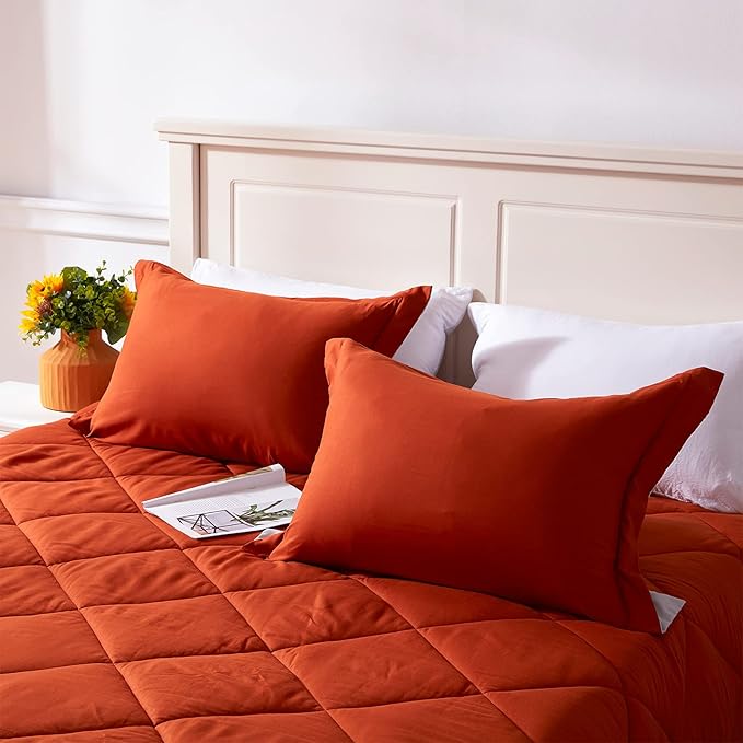 NexHome King Size Comforter Set Burnt Orange&Light Grey, 3 Pieces Lightweight Reversible Comforter King Size, All Season Fluffy Down Alternative Comforter Bed Set Quilt Blanket