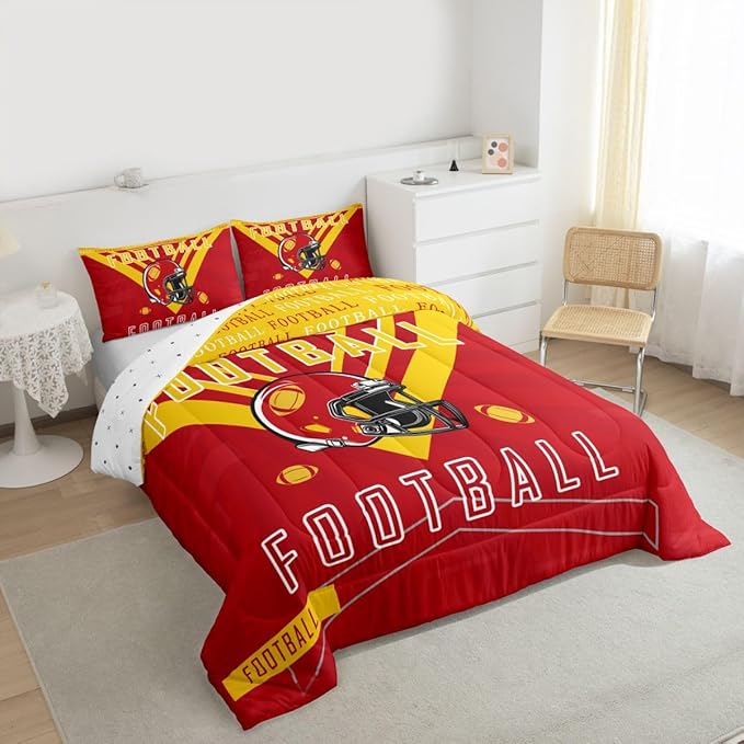 Feelyou Football Bedding Set Boys Girls Queen Size Comforter Set Sports Theme Women Men Football City Comforter Rugby Sports Duvet Quilt Red Yellow Room Decor