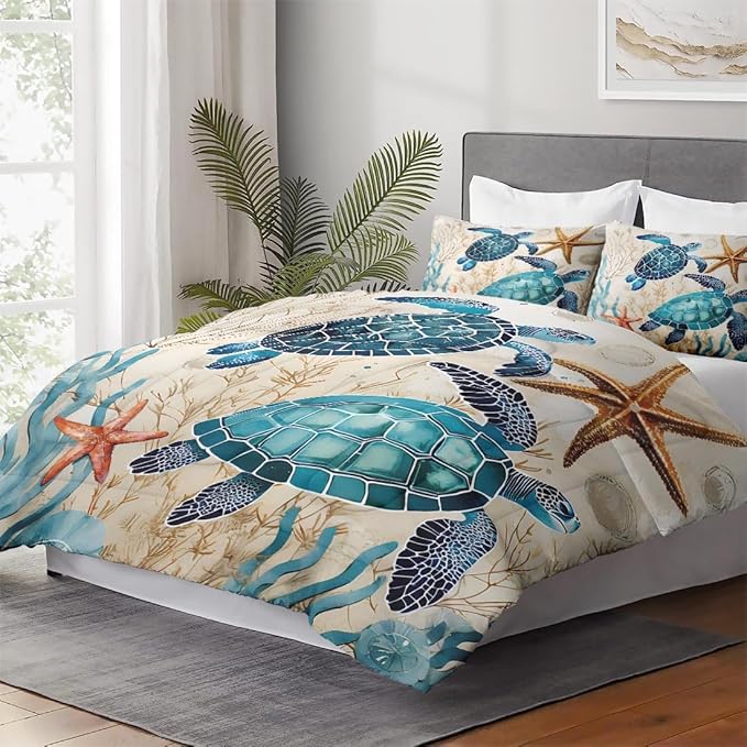 Twin Size Comforter Set with Pillowcase, Ocean Coral Sea Turtle 2 Pcs Bedding for Kids and Adults, Blue Shell Animal Soft Comforter Set for Bedroom Bed Decor