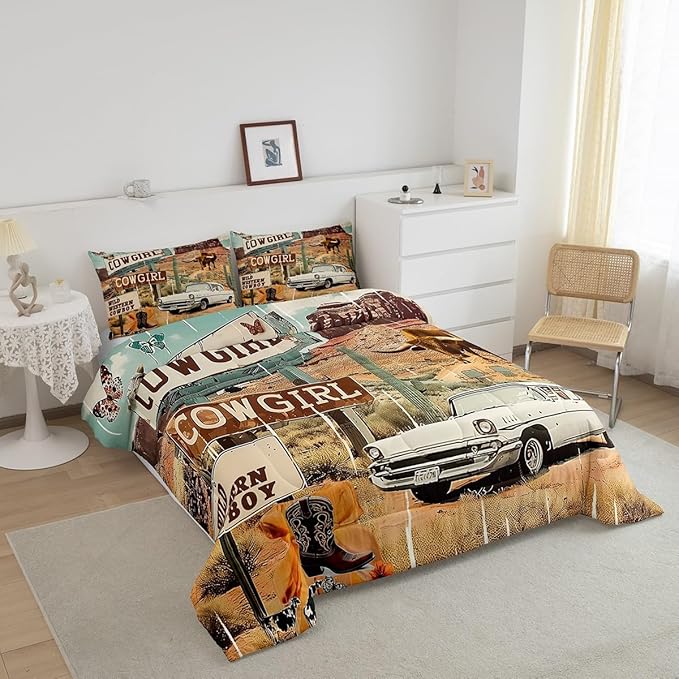 Feelyou Western Aztec Comforter Set Toddler Size Cowboy Cow Duvet Quilt for Kids Teens Adults Wild Western Shoes Rustic Tribal Car Bedding Set Room Decor with 1 Pillow Case All Season Soft 2Pcs