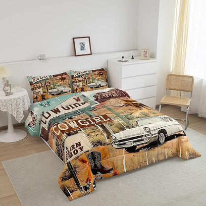Feelyou Western Aztec Comforter Set King Size Cowboy Cow Duvet Quilt for Kids Teens Adults Wild Western Shoes Rustic Tribal Car Bedding Set Room Decor with 2 Pillow Case All Season Soft 3Pcs