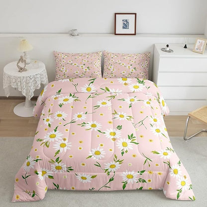 Manfei Daisy Comforter Set King Size, Yellow White Flower Quilt Set with 2 Pillowcases, Botanical Garden Artwork Bedding Set 3pcs for Kids Boy Girls Bedroom Decor Lightweight Duvet Insert
