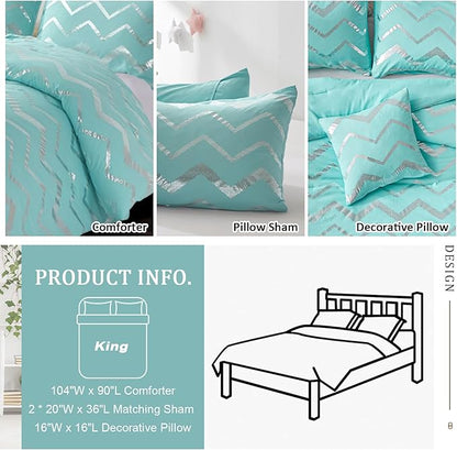Menghomeus Aqua Comforter Set King Metallic Teal and Silver Bed Comforter 4 Piece Soft Microfiber Bedding for Teen Girls Women (2 Pillow Shams + 1 Decorative Pillow Sham)