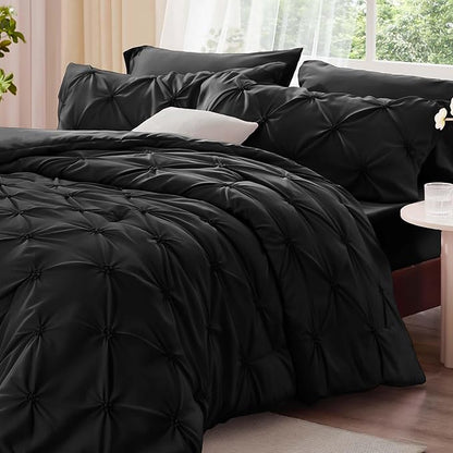 BEDELITE Black Comforter Set Queen - 3 Pieces Boho Pintuck Bedding Comforter Sets, Lightweight Soft & Warm Bed Comforter Queen with 2 Pillowcases for All Season