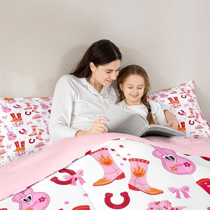 Erosebridal Cowgirl Western Bedding Set, Pink Bowknot Comforter Set Queen Size for Kids Teens Girls Women Bedroom Decor, Boots Horseshoe Down Comforter, Dreamy Princess Quilt, Lightweight