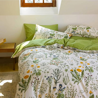 CLOTHKNOW Green White Floral King Size Comforter Set 3Pcs Farmhouse Bedding Comforter Sets Boho Flowers Botanical Comforters