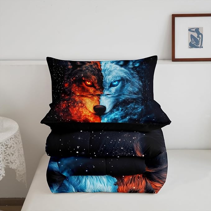 Manfei Wolf Ice Fire Comforter Queen for Kids Adults Youth,Wildlife Galaxy Exotic Wolf Quilt Comforter Room DecorShining Sky Mystery Universe Quilted Duvet Duvet Insert,2 Pillowcases