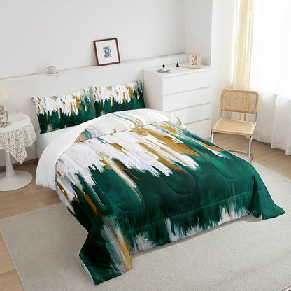 Erosebridal Watercolor Graffiti Bedding Set Full Turqoise Green Comforter Set, Oil Painting Stripe Duvet Insert Modern Aesthetic Quilt Set, Abstract Gradient Artwork Bedding Comforters & Sets 3pcs