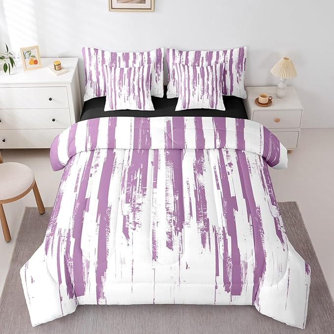 Erosebridal 7Pcs Violet Purple Comforter Set Twin,Lavender Abstract Art Aesthetic Striped Bed in A Bag for Teens Adults,Ink Painting Graffiti Watercolor Quilt,Vintage Gradient Ombre Modern Bedding
