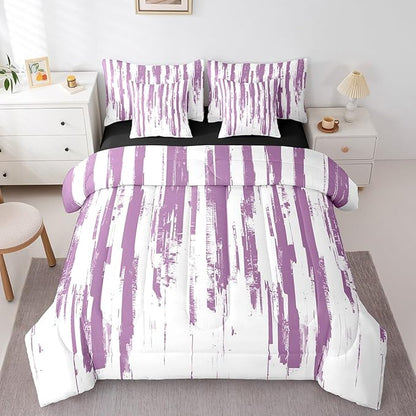 Erosebridal 7Pcs Violet Purple Comforter Set Twin,Lavender Abstract Art Aesthetic Striped Bed in A Bag for Teens Adults,Ink Painting Graffiti Watercolor Quilt,Vintage Gradient Ombre Modern Bedding