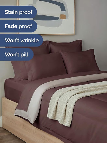 Full Comforter Set - 5 Piece Bed in a Bag Full Size Bed Set - Down Alternative Comforter, Flat Sheet, Fitted Sheet, Pillowcase & Shams for All Seasons - Ultra Soft, Comfy and Breathable - Brown/Beige